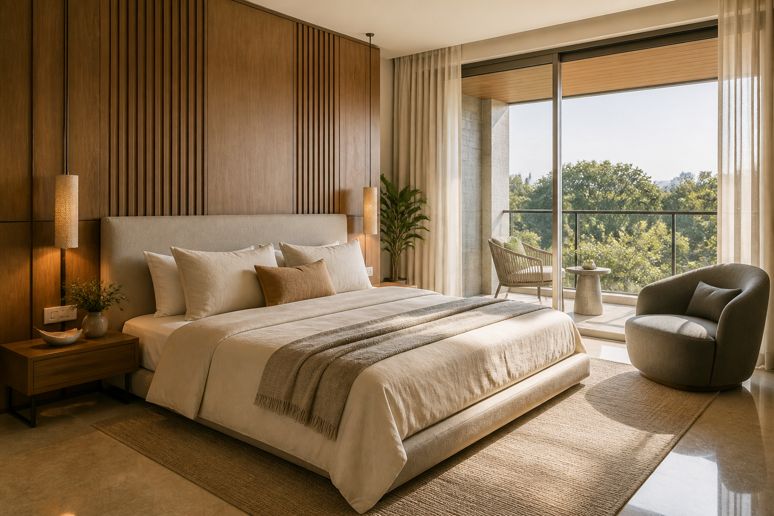 Primary bedroom with a private green balcony