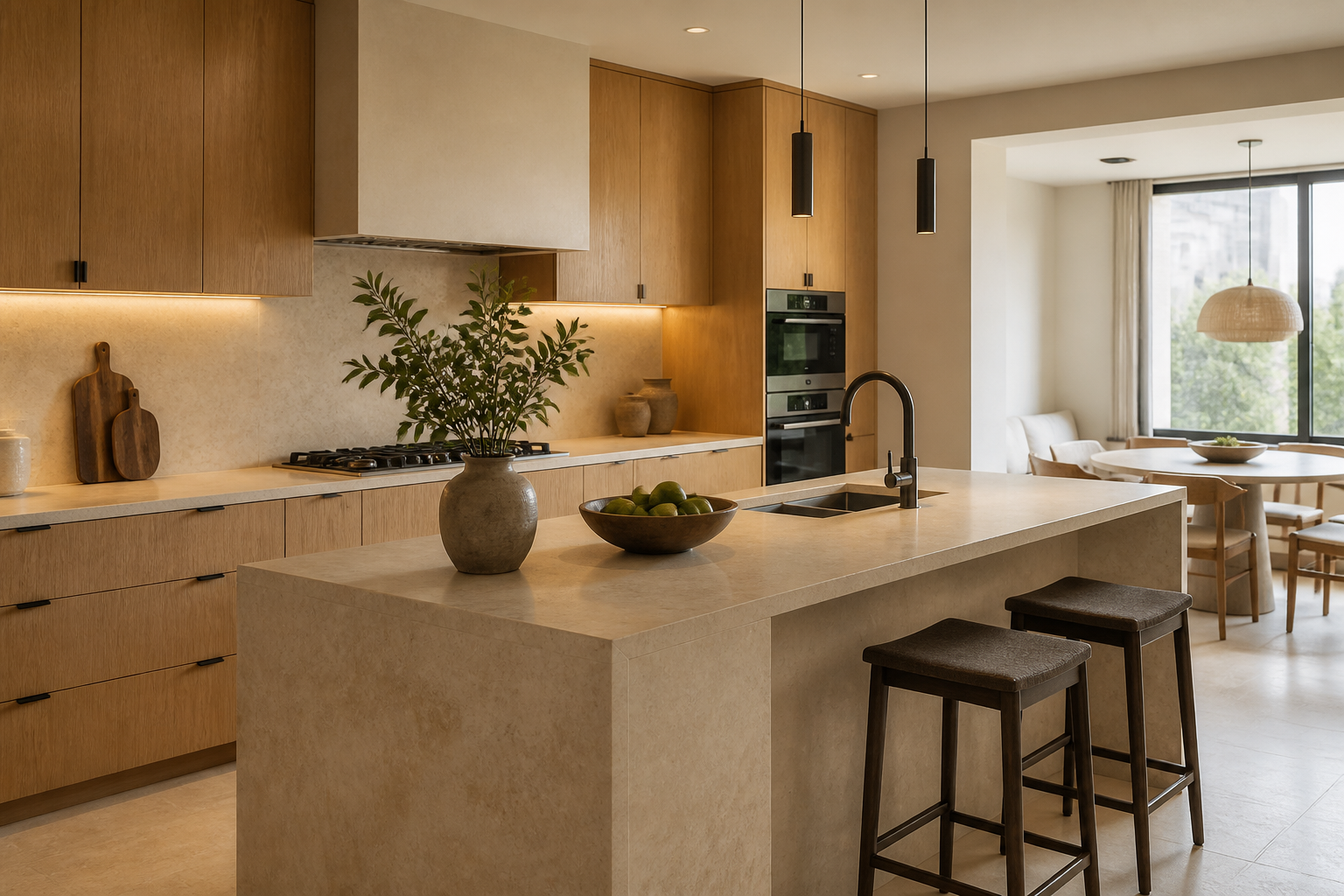 Warm oak and limestone kitchen