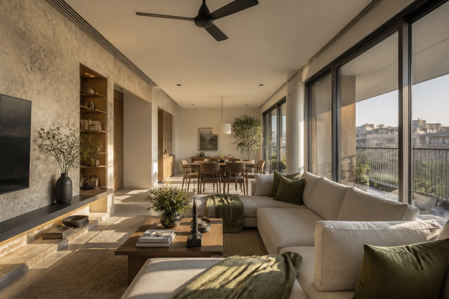 Sunlit living and dining space at Aarambh One