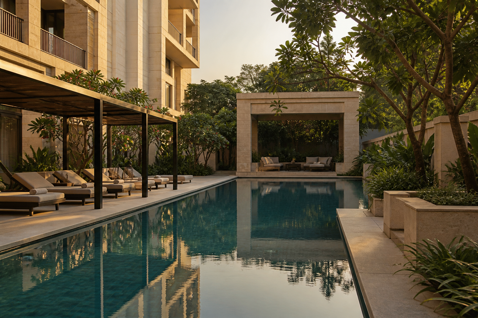 Residents pool and shaded lounge courtyard